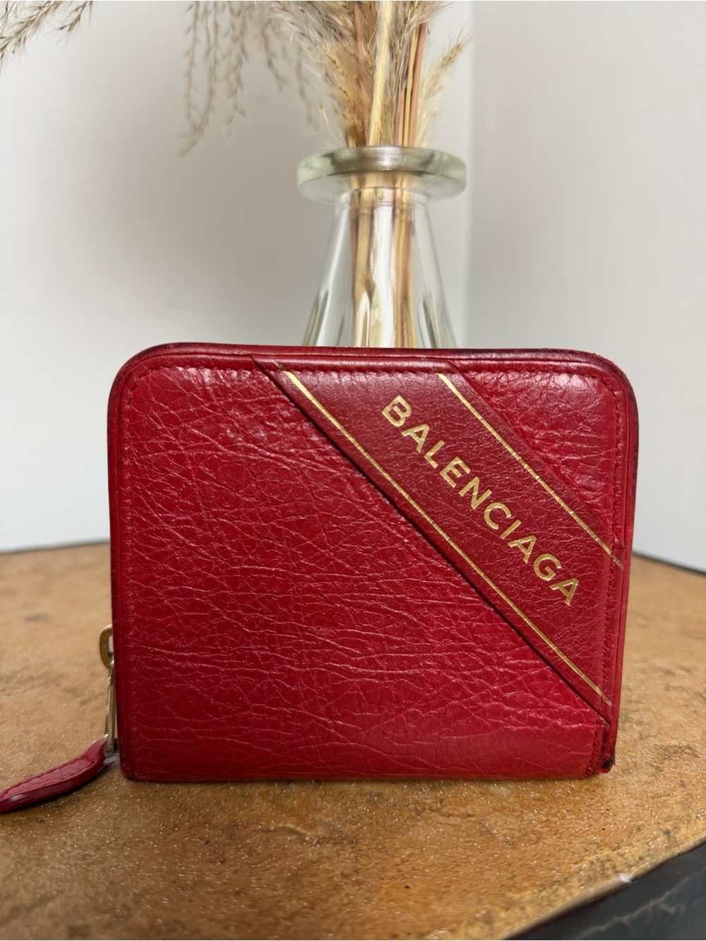 Balenciaga Red Leather Zip-Around Wallet with Gold Logo Accent